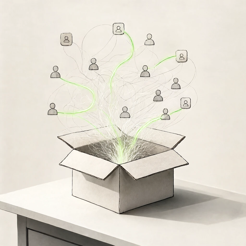 Ilustração de marca: de uma caixa de arquivo aberta sobre fundo papel saem fios de conhecimento em tinta que conectam silhuetas de pessoas e tokens quadrados de agentes, com um fio verde contínuo em destaque